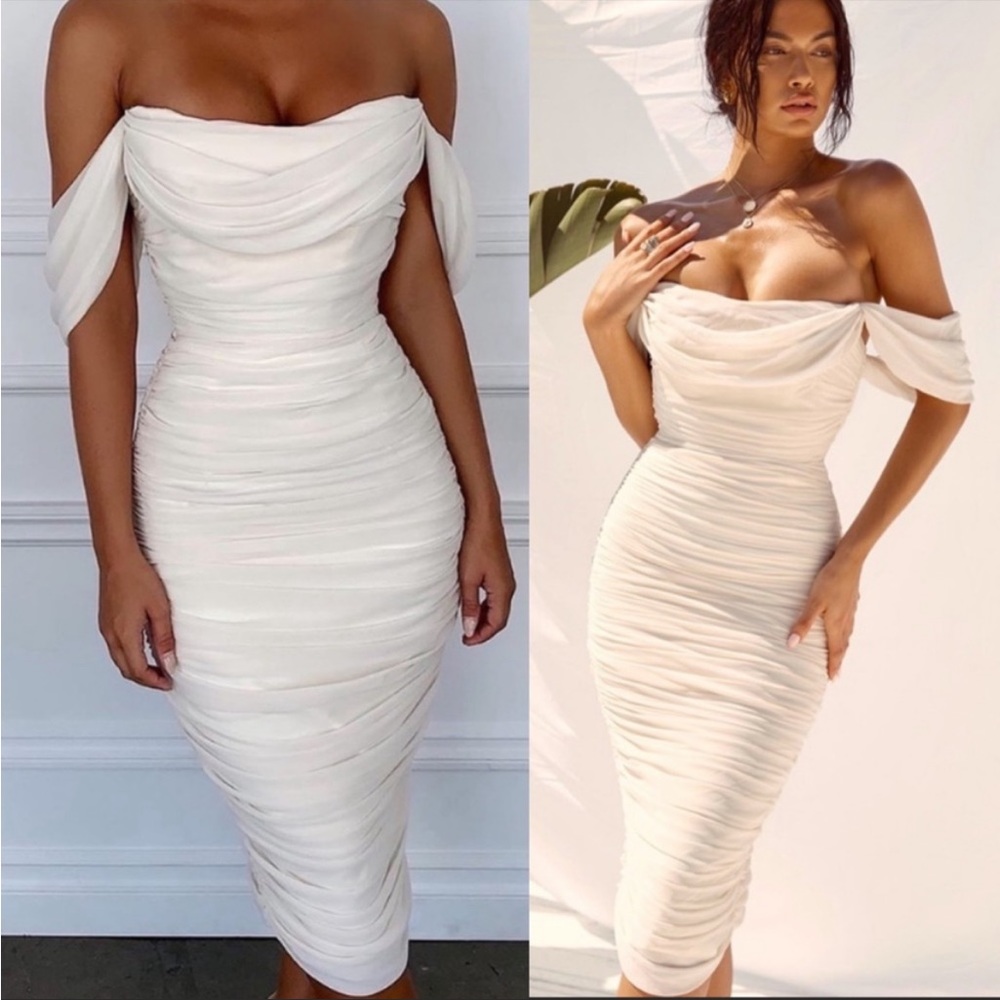 House of CB 'Carlotta' Ivory Ruched Draped Chiffon Dress NWOT